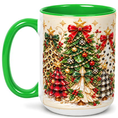 #pl[15oz|Green] Patterned Christmas Trees Coffee Mug, Holiday Tree Mug, Ceramic Cup
