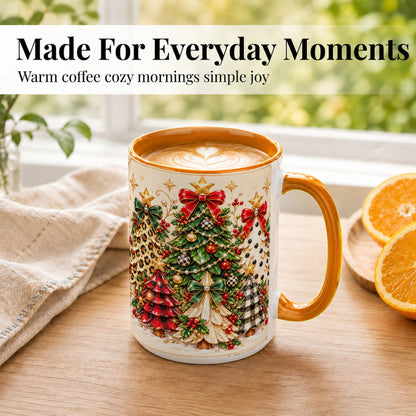 #pl[15oz|Orange] Patterned Christmas Trees Coffee Mug, Holiday Tree Mug, Ceramic Cup