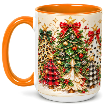 #pl[15oz|Orange] Patterned Christmas Trees Coffee Mug, Holiday Tree Mug, Ceramic Cup
