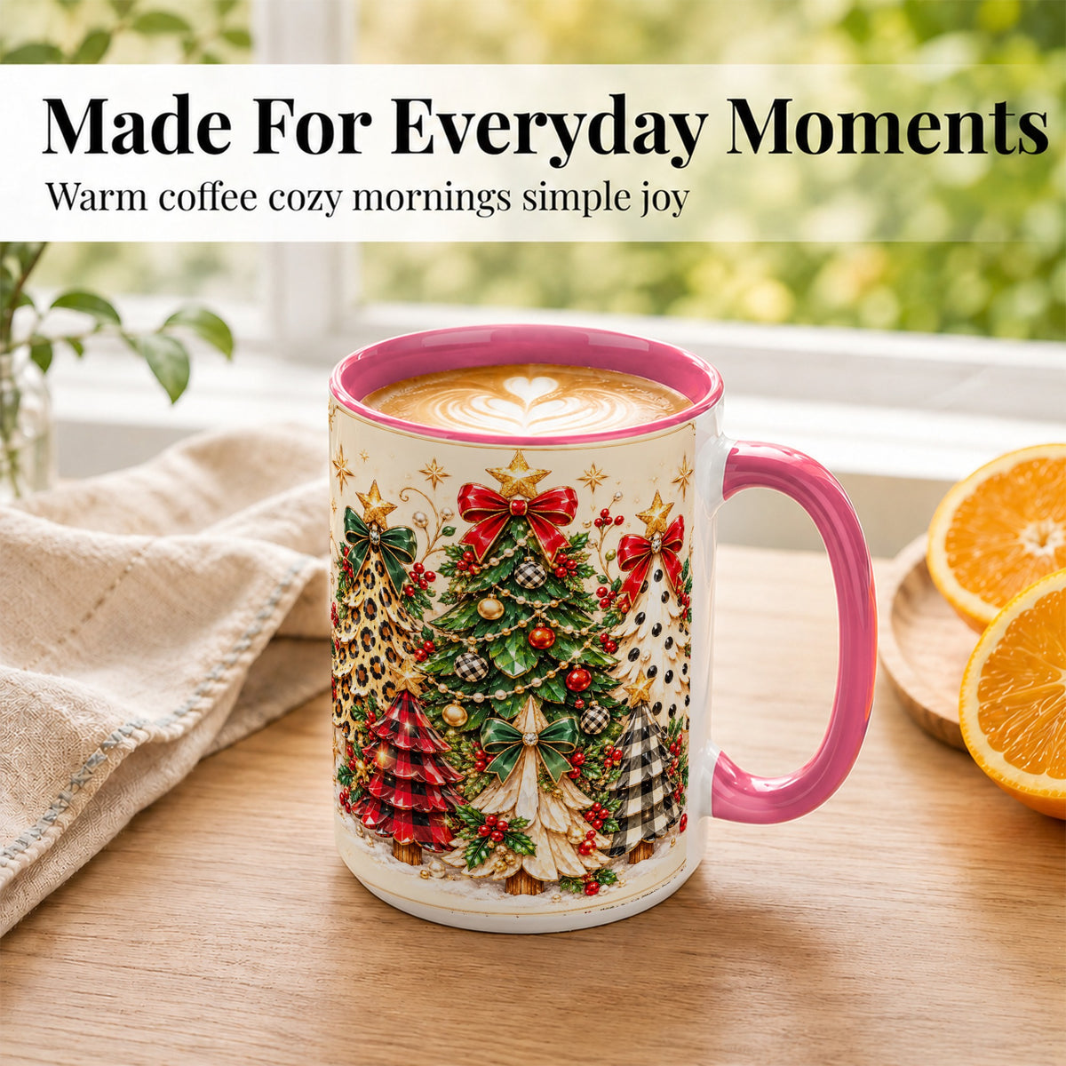 #pl[15oz|Pink] Patterned Christmas Trees Coffee Mug, Holiday Tree Mug, Ceramic Cup