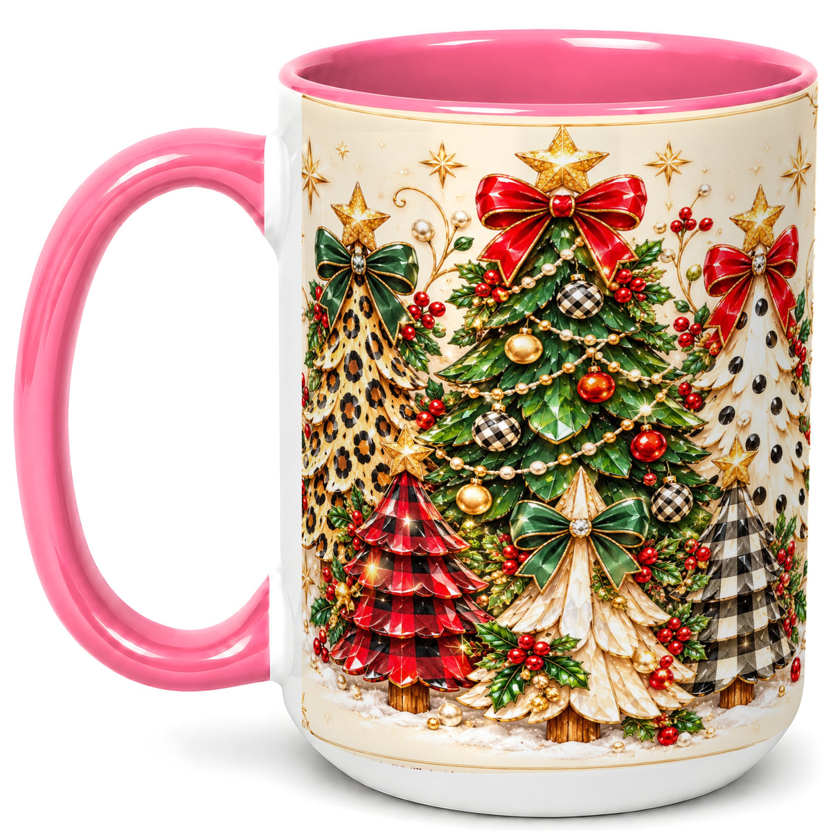 #pl[15oz|Pink] Patterned Christmas Trees Coffee Mug, Holiday Tree Mug, Ceramic Cup
