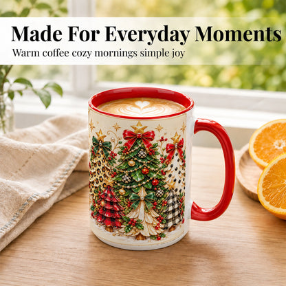#pl[15oz|Red] Patterned Christmas Trees Coffee Mug, Holiday Tree Mug, Ceramic Cup