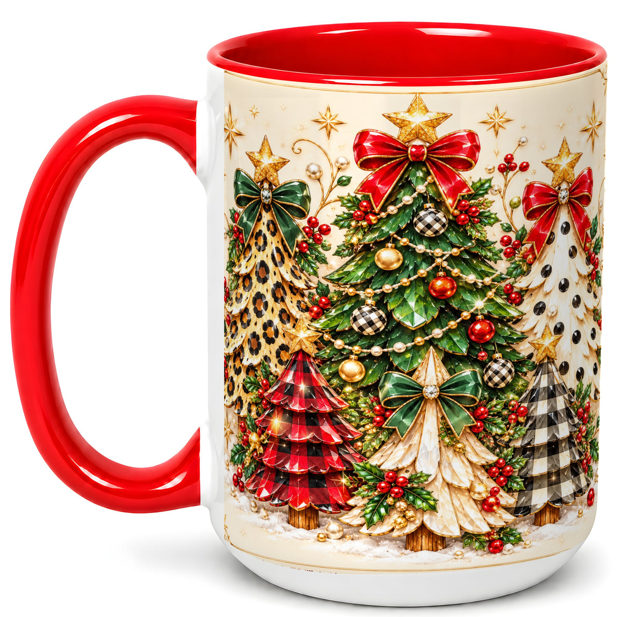 #pl[15oz|Red] Patterned Christmas Trees Coffee Mug, Holiday Tree Mug, Ceramic Cup