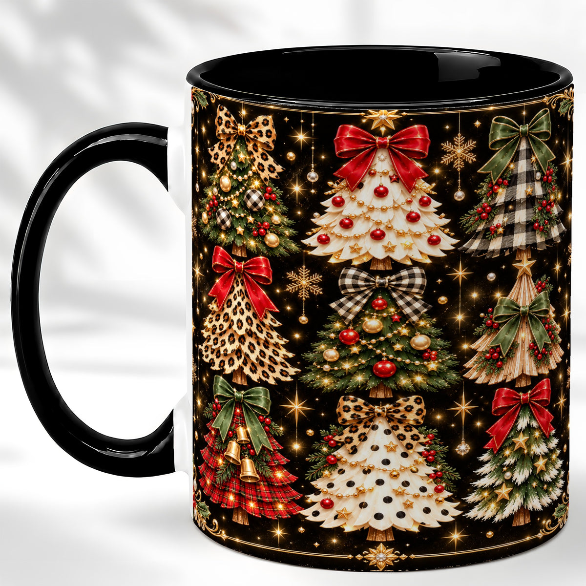 #pl[11oz|Black] Plaid Christmas Trees Coffee Mug, Holiday Tree Mug, Ceramic Cup