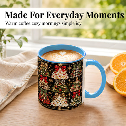 #pl[11oz|Blue] Plaid Christmas Trees Coffee Mug, Holiday Tree Mug, Ceramic Cup
