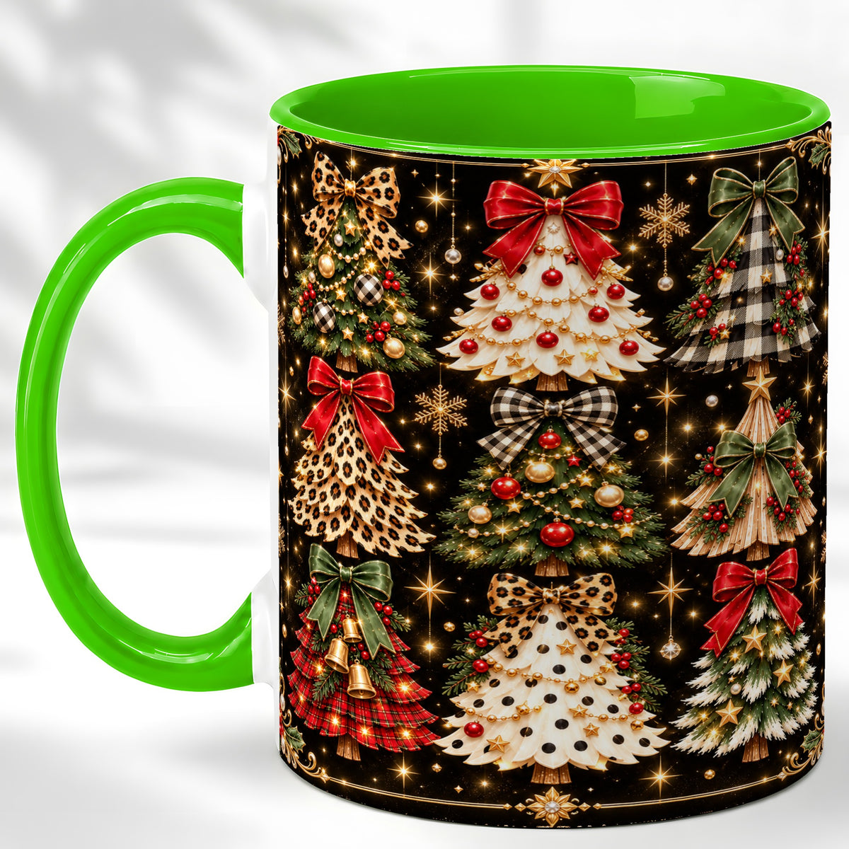 #pl[11oz|Green] Plaid Christmas Trees Coffee Mug, Holiday Tree Mug, Ceramic Cup