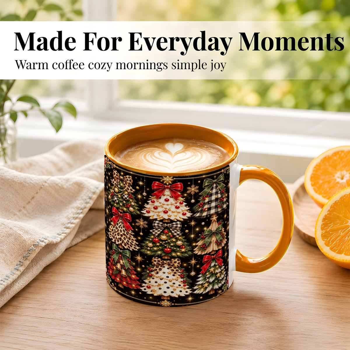 #pl[11oz|Orange] Plaid Christmas Trees Coffee Mug, Holiday Tree Mug, Ceramic Cup