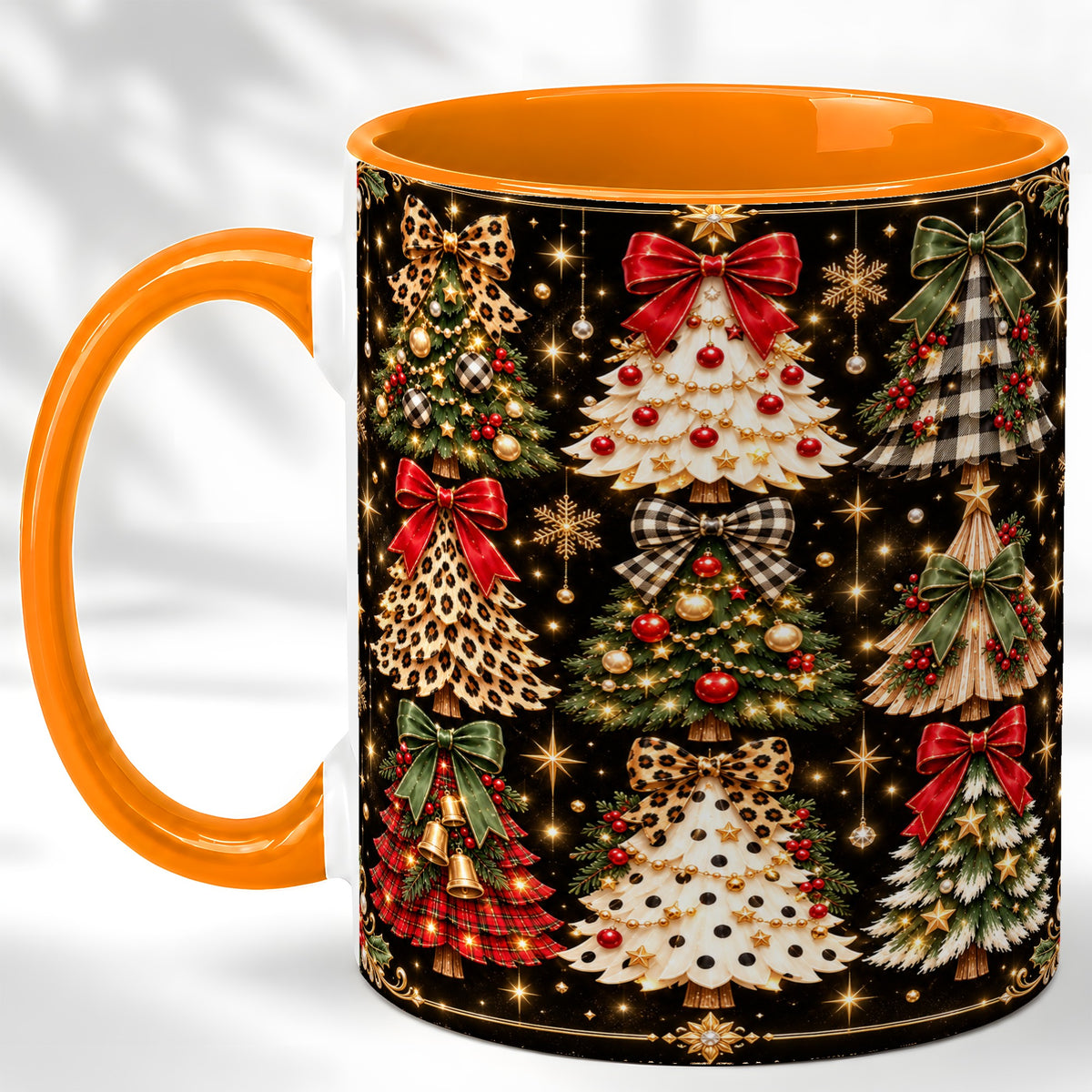 #pl[11oz|Orange] Plaid Christmas Trees Coffee Mug, Holiday Tree Mug, Ceramic Cup