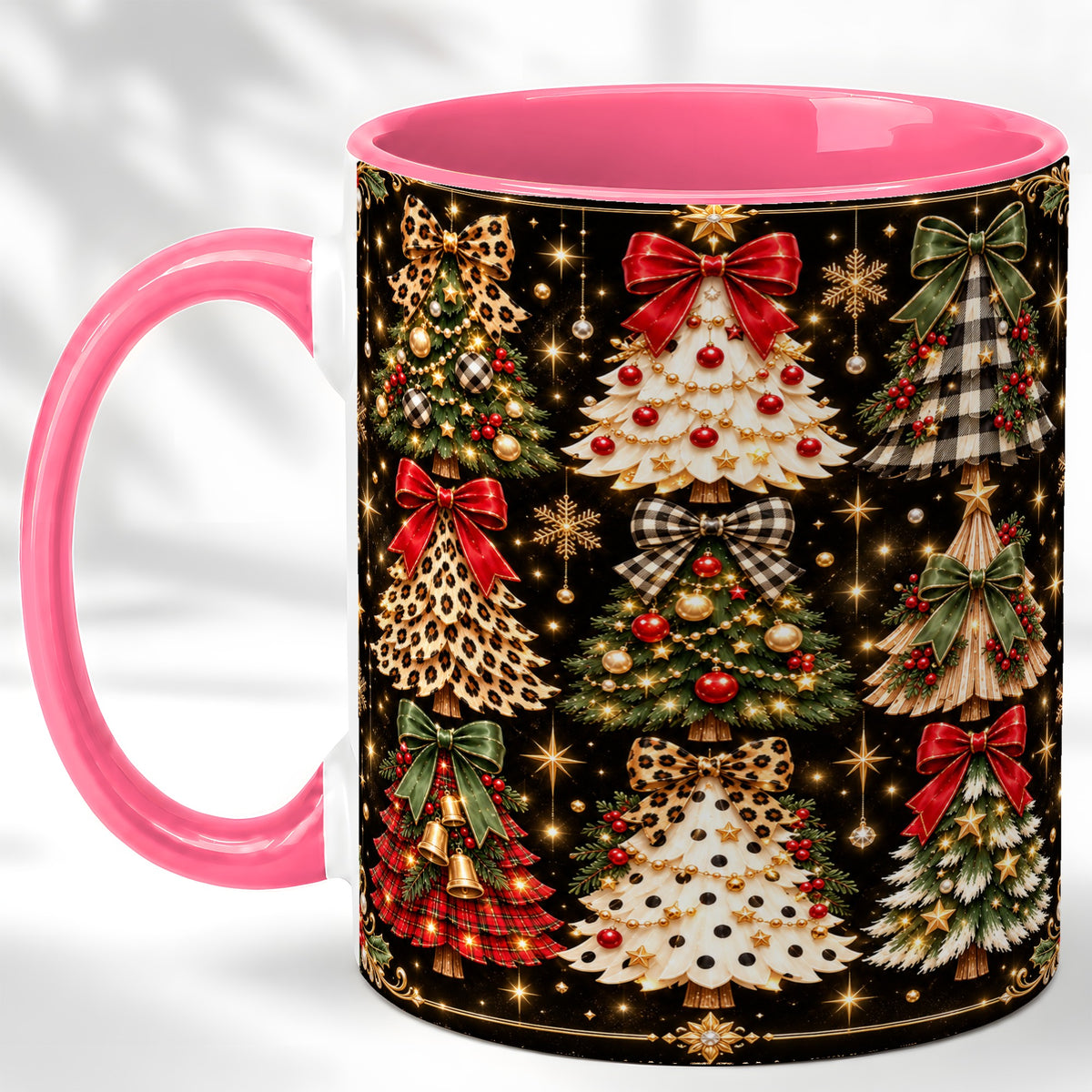 #pl[11oz|Pink] Plaid Christmas Trees Coffee Mug, Holiday Tree Mug, Ceramic Cup