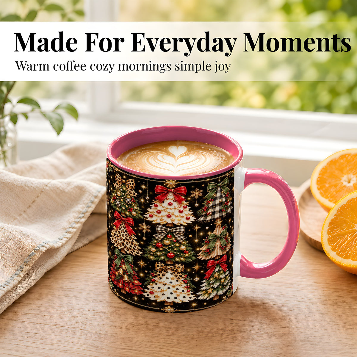 #pl[11oz|Pink] Plaid Christmas Trees Coffee Mug, Holiday Tree Mug, Ceramic Cup