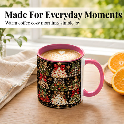 #pl[11oz|Pink] Plaid Christmas Trees Coffee Mug, Holiday Tree Mug, Ceramic Cup
