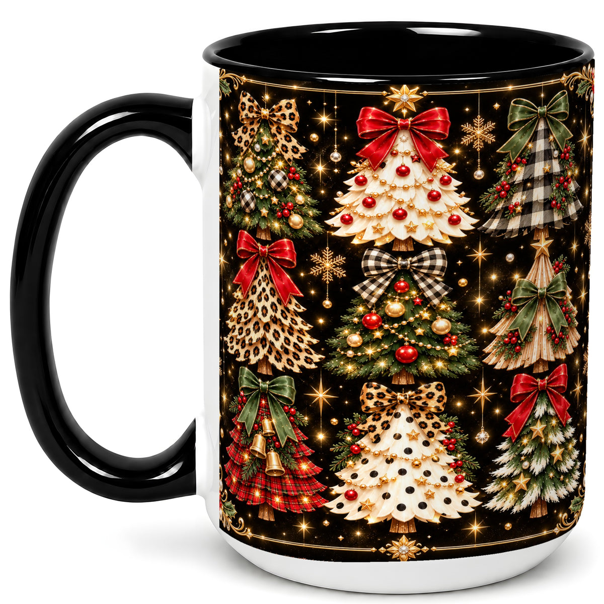 #pl[15oz|Black] Plaid Christmas Trees Coffee Mug, Holiday Tree Mug, Ceramic Cup