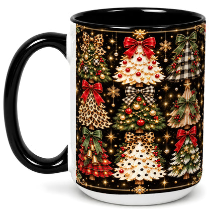 #pl[15oz|Black] Plaid Christmas Trees Coffee Mug, Holiday Tree Mug, Ceramic Cup
