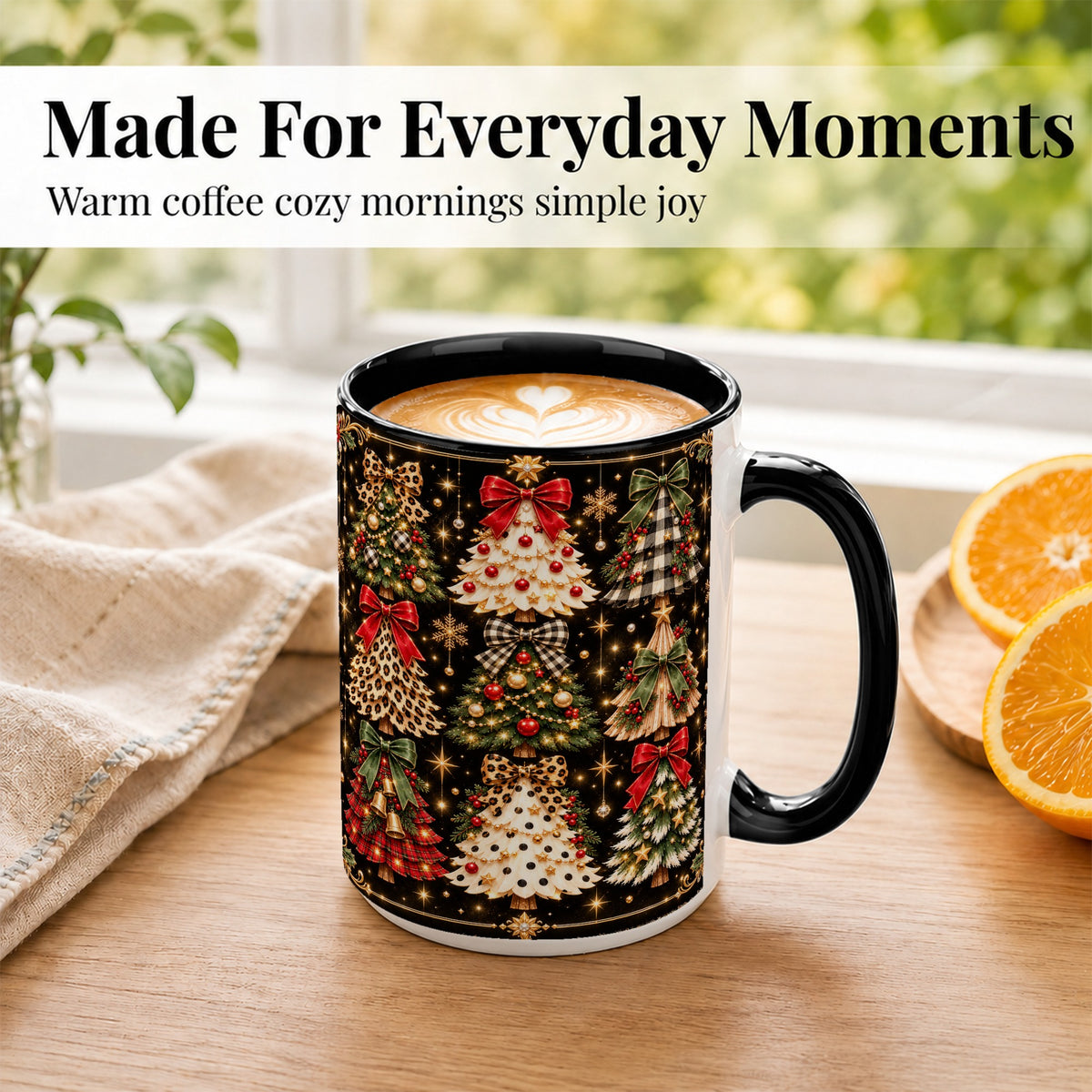 #pl[15oz|Black] Plaid Christmas Trees Coffee Mug, Holiday Tree Mug, Ceramic Cup
