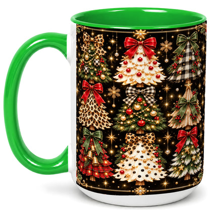 #pl[15oz|Green] Plaid Christmas Trees Coffee Mug, Holiday Tree Mug, Ceramic Cup