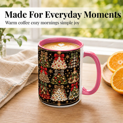 #pl[15oz|Pink] Plaid Christmas Trees Coffee Mug, Holiday Tree Mug, Ceramic Cup