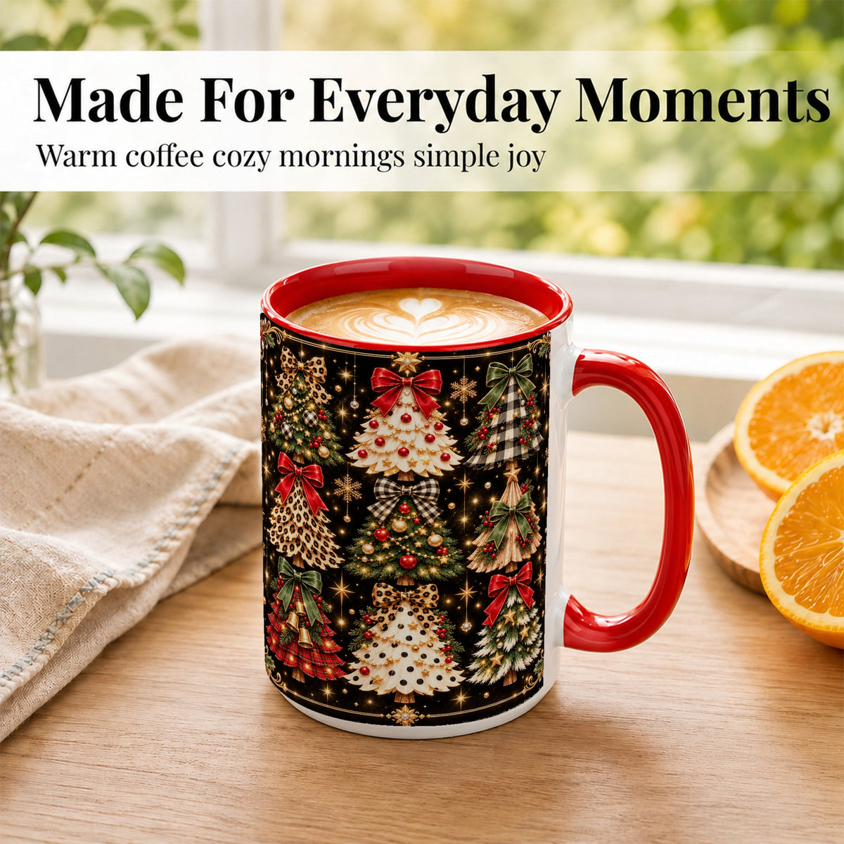 #pl[15oz|Red] Plaid Christmas Trees Coffee Mug, Holiday Tree Mug, Ceramic Cup