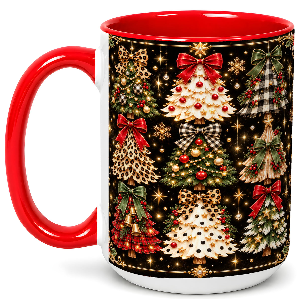 #pl[15oz|Red] Plaid Christmas Trees Coffee Mug, Holiday Tree Mug, Ceramic Cup