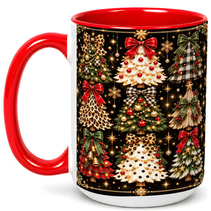 #pl[15oz|Red] Plaid Christmas Trees Coffee Mug, Holiday Tree Mug, Ceramic Cup