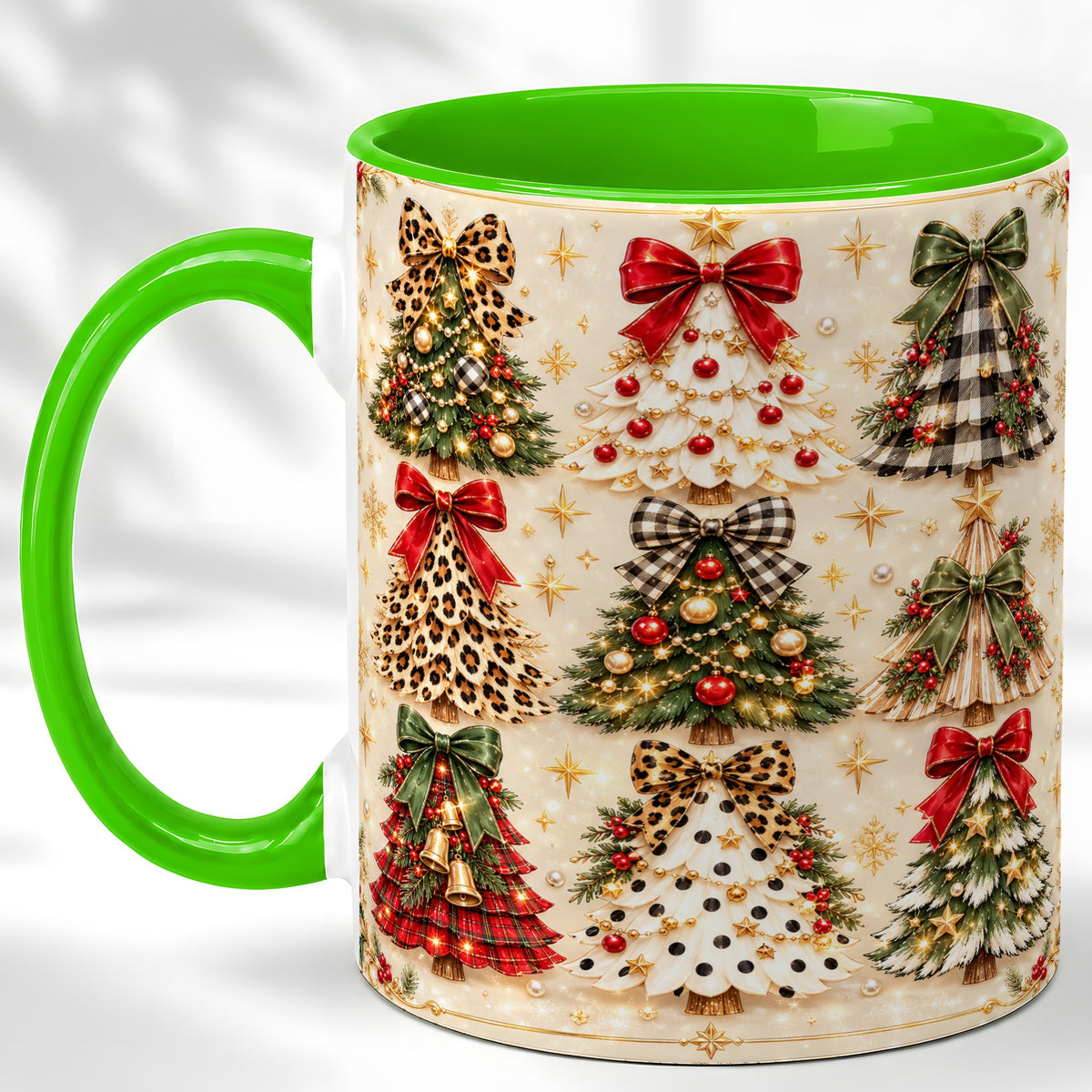 #pl[11oz|Green] Festive Christmas Trees Coffee Mug, Holiday Tree Mug, Ceramic Cup
