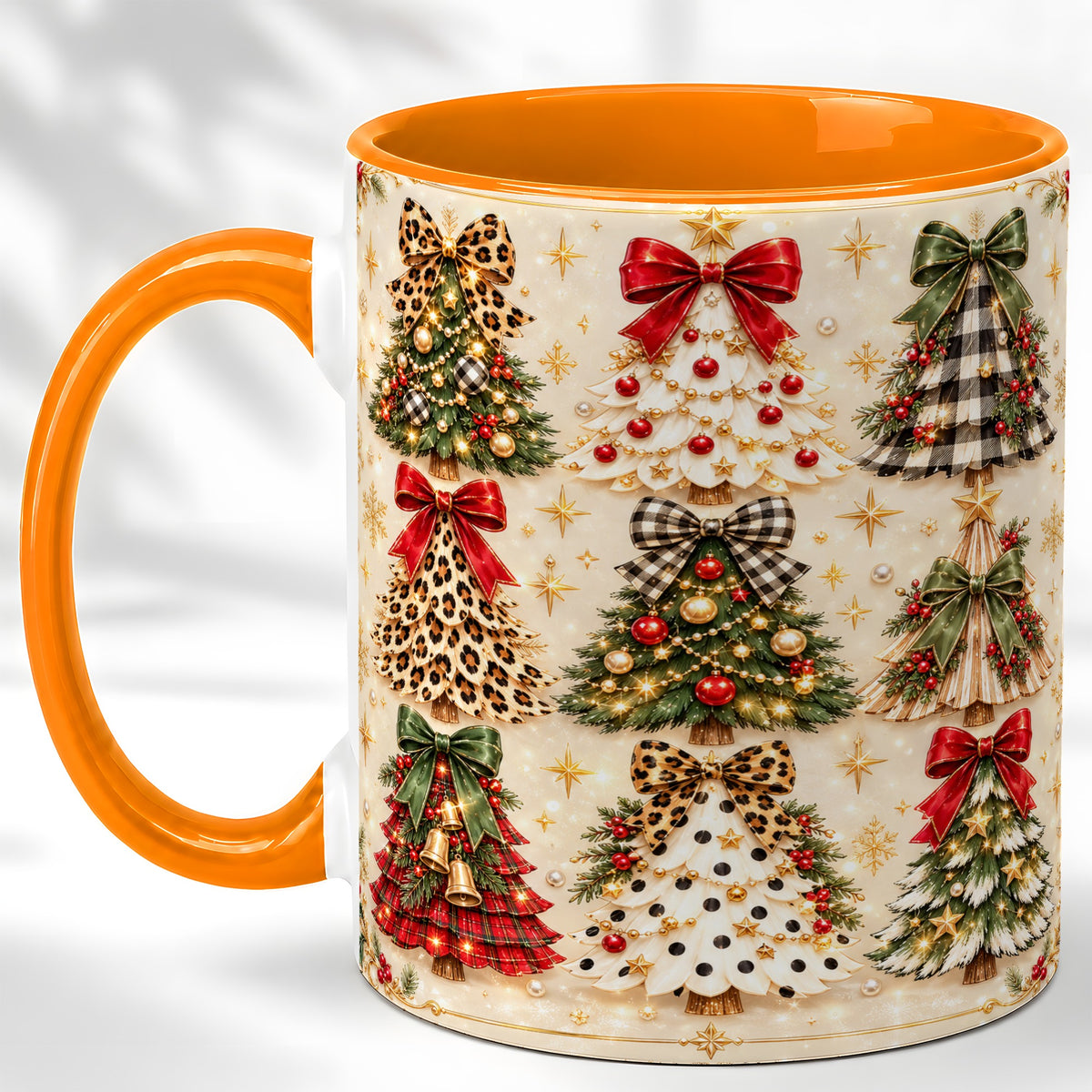 #pl[11oz|Orange] Festive Christmas Trees Coffee Mug, Holiday Tree Mug, Ceramic Cup