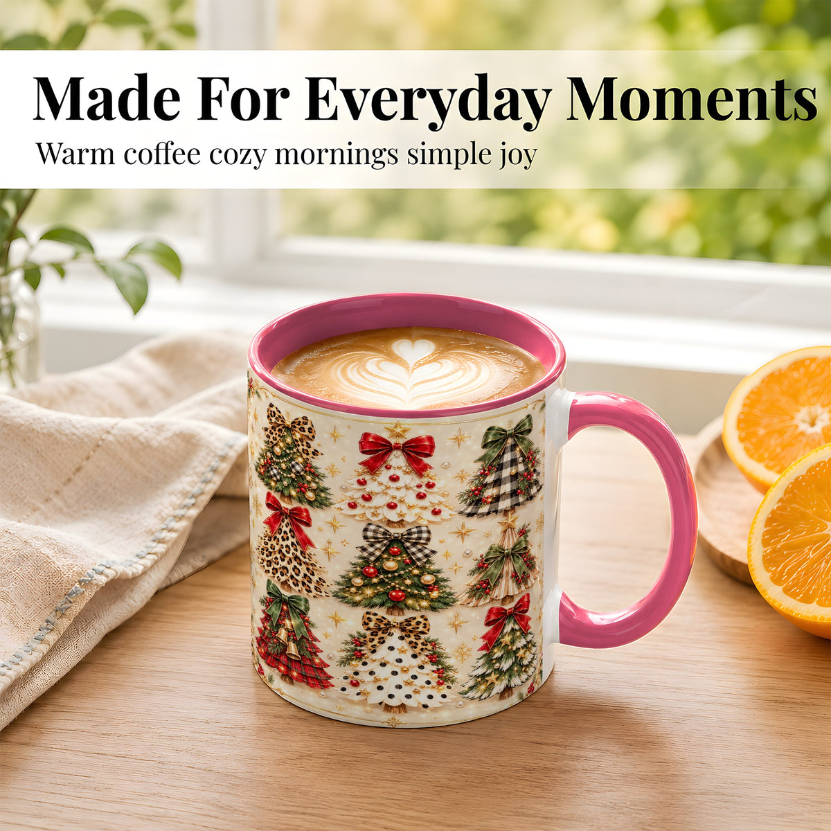 #pl[11oz|Pink] Festive Christmas Trees Coffee Mug, Holiday Tree Mug, Ceramic Cup
