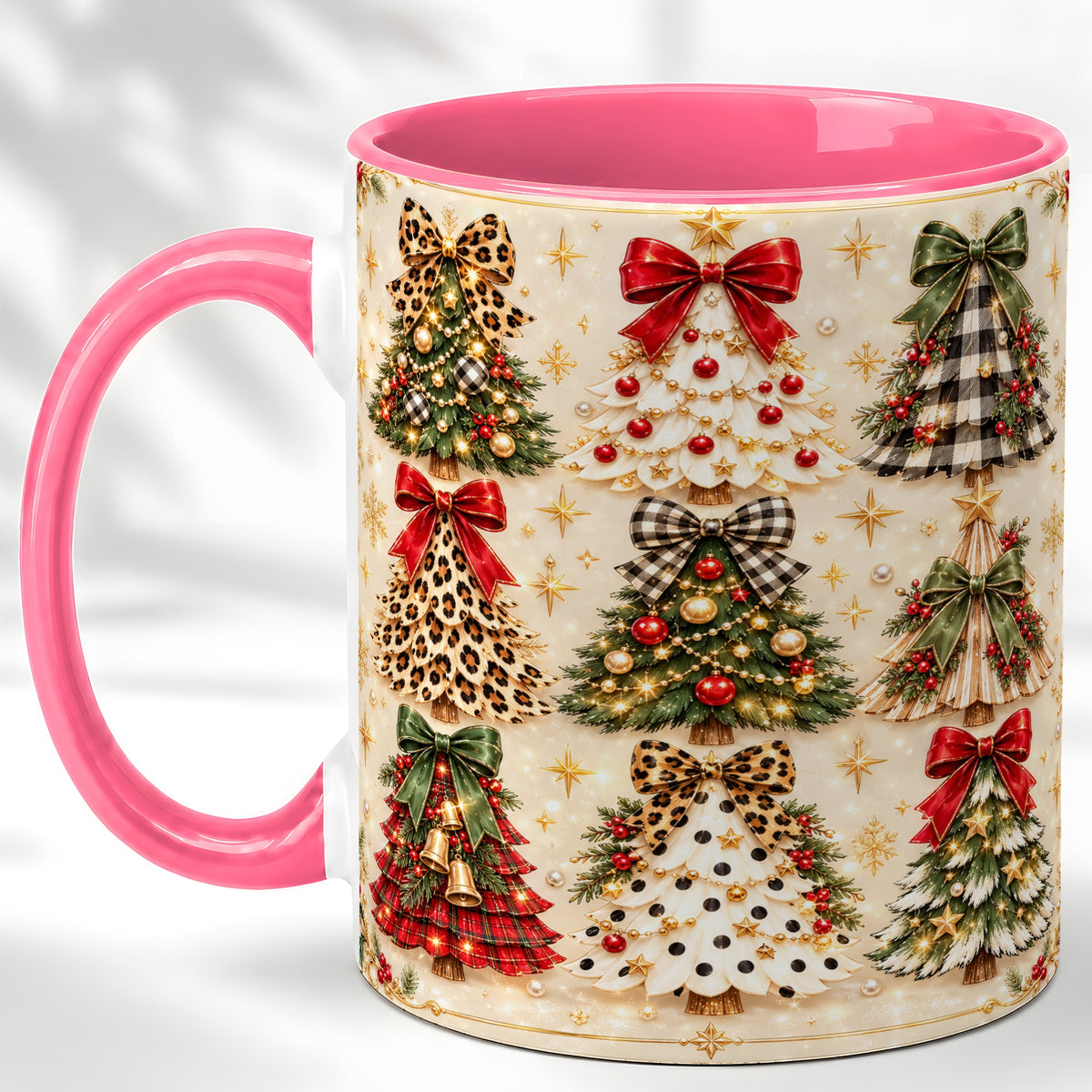 #pl[11oz|Pink] Festive Christmas Trees Coffee Mug, Holiday Tree Mug, Ceramic Cup