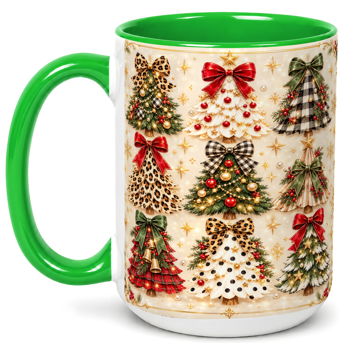 #pl[15oz|Green] Festive Christmas Trees Coffee Mug, Holiday Tree Mug, Ceramic Cup
