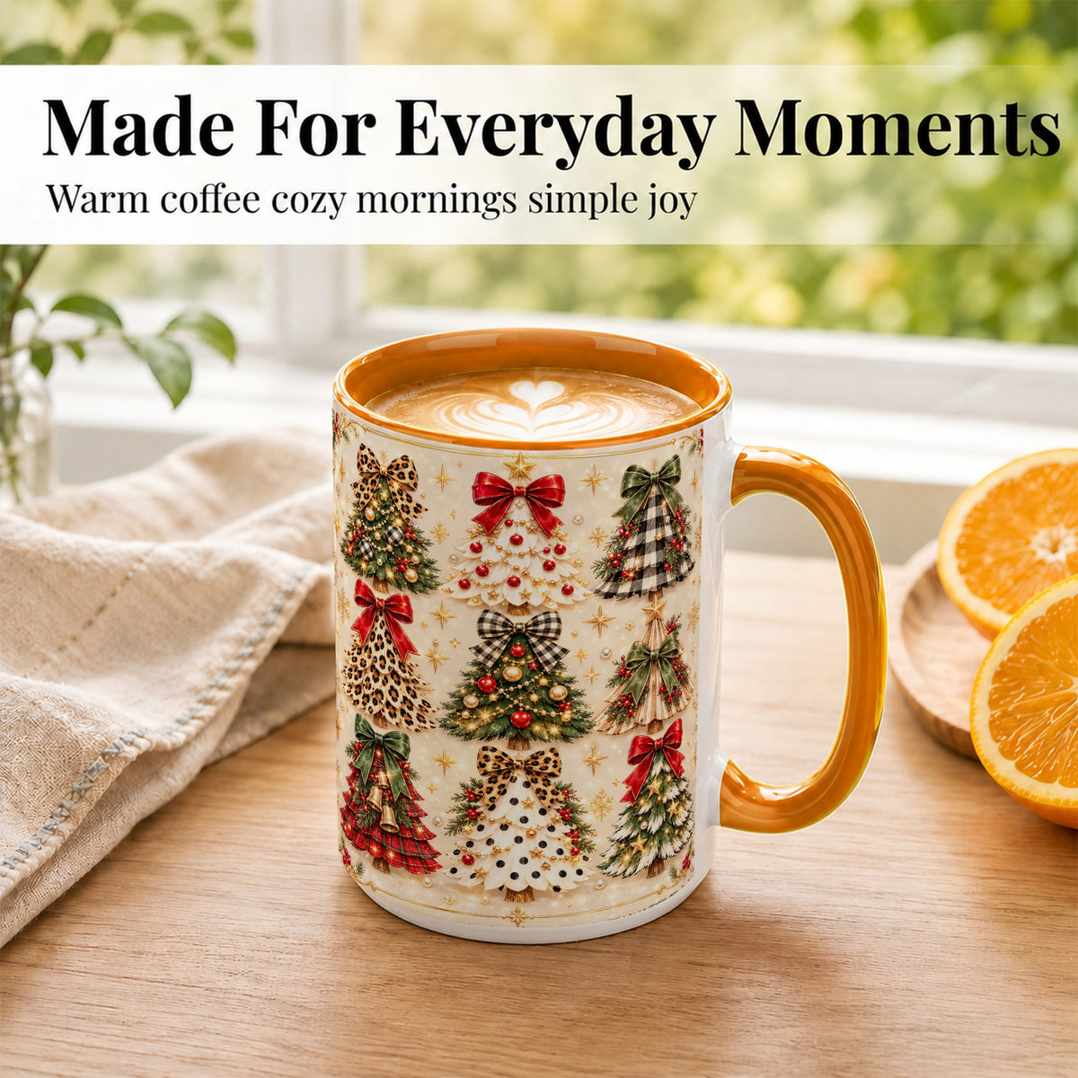 #pl[15oz|Orange] Festive Christmas Trees Coffee Mug, Holiday Tree Mug, Ceramic Cup