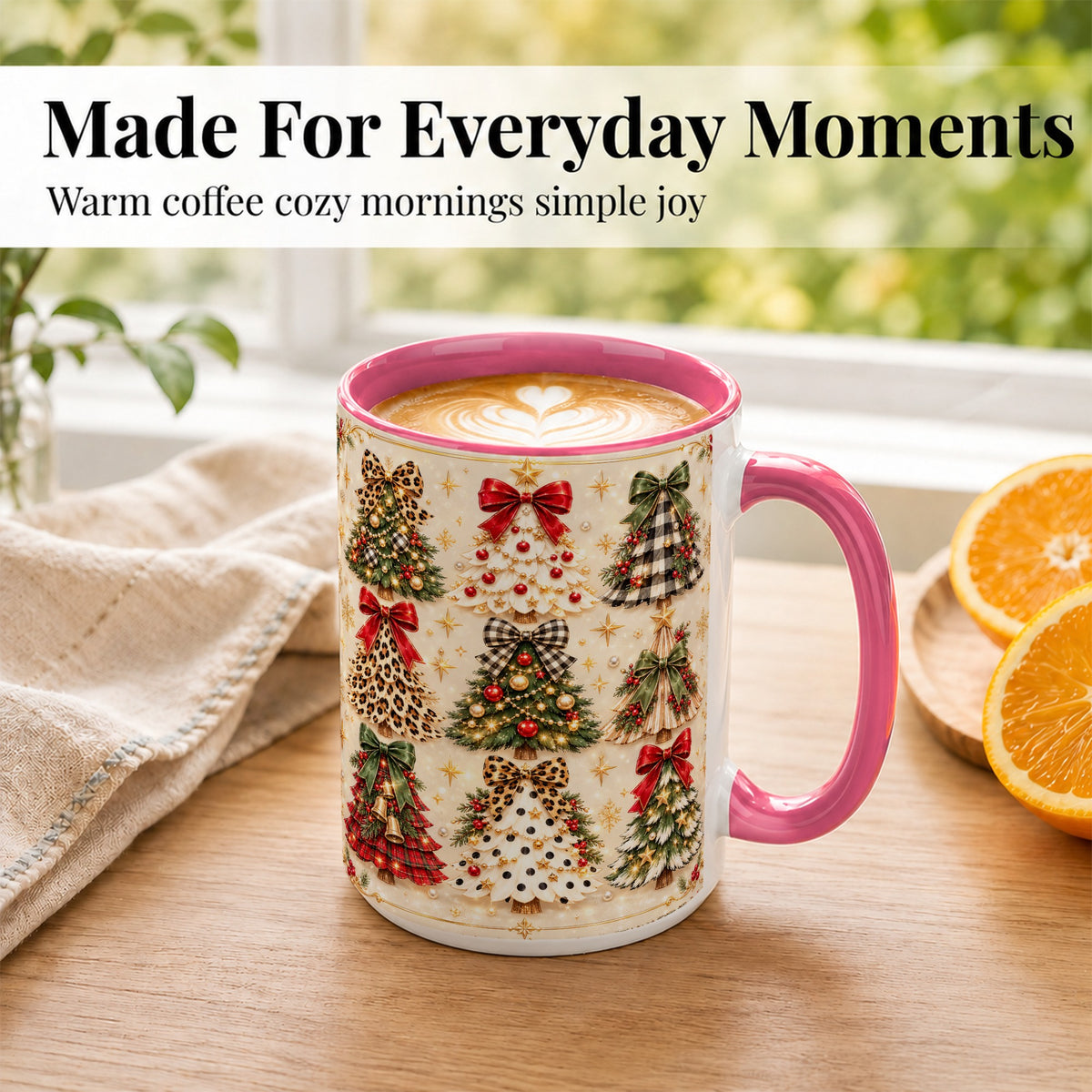 #pl[15oz|Pink] Festive Christmas Trees Coffee Mug, Holiday Tree Mug, Ceramic Cup
