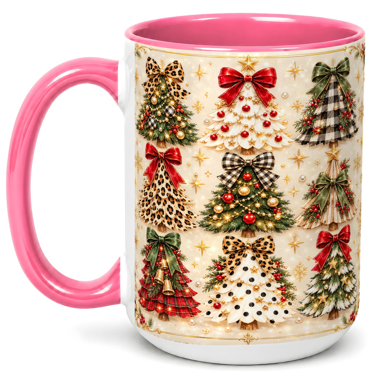 #pl[15oz|Pink] Festive Christmas Trees Coffee Mug, Holiday Tree Mug, Ceramic Cup