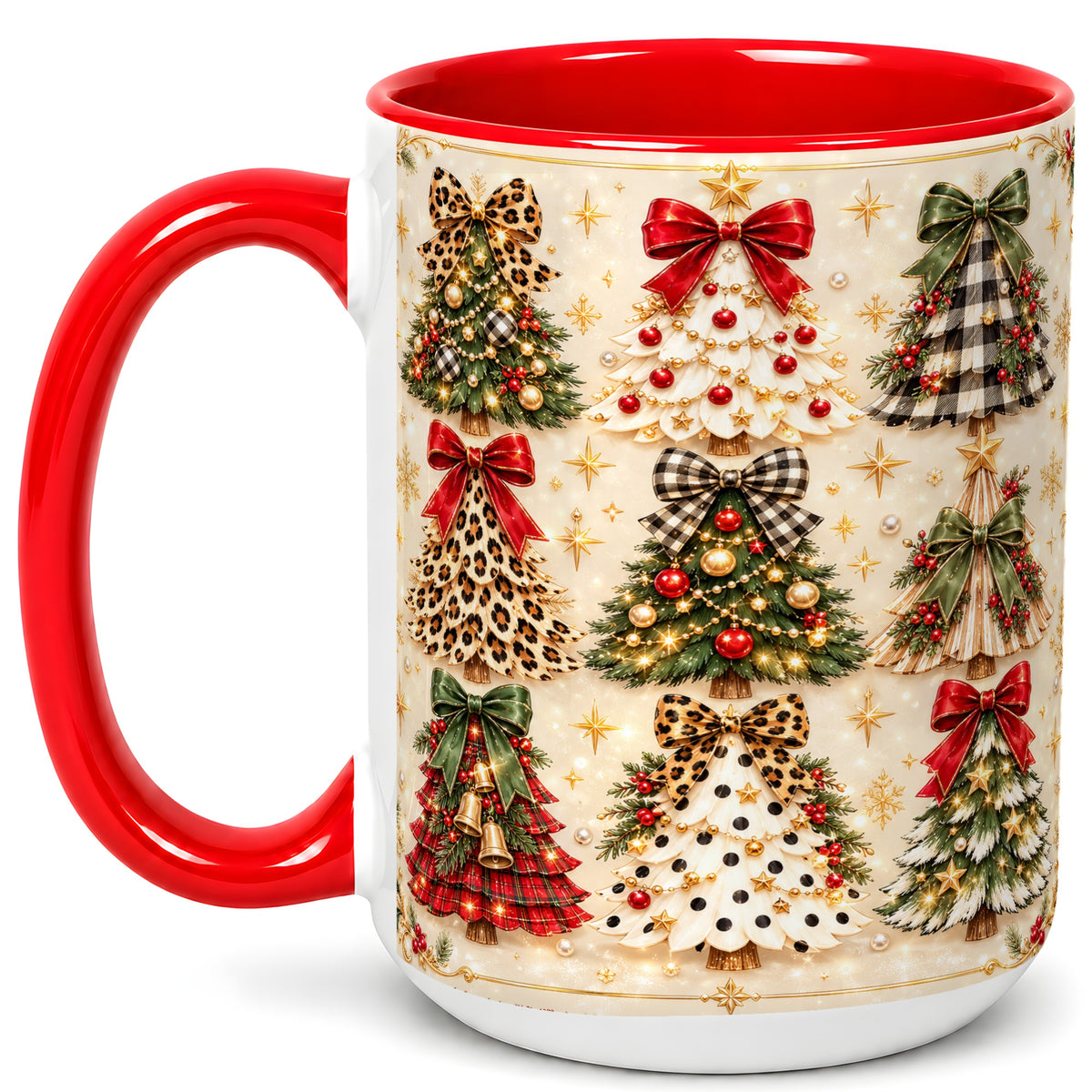 #pl[15oz|Red] Festive Christmas Trees Coffee Mug, Holiday Tree Mug, Ceramic Cup