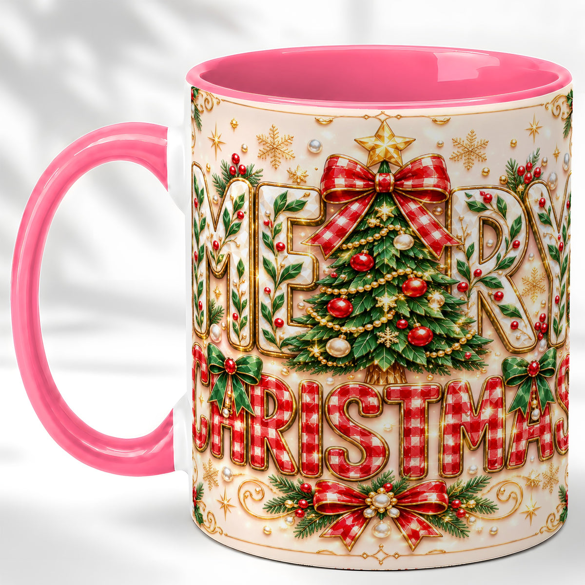 #pl[11oz|Pink] Christmas Tree Coffee Mug, Merry Christmas Mug, Ceramic Cup