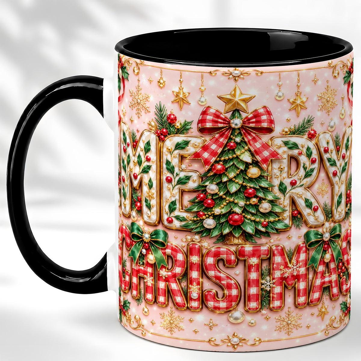 #pl[11oz|Black] Christmas Bow Coffee Mug, Merry Christmas Mug, Ceramic Cup