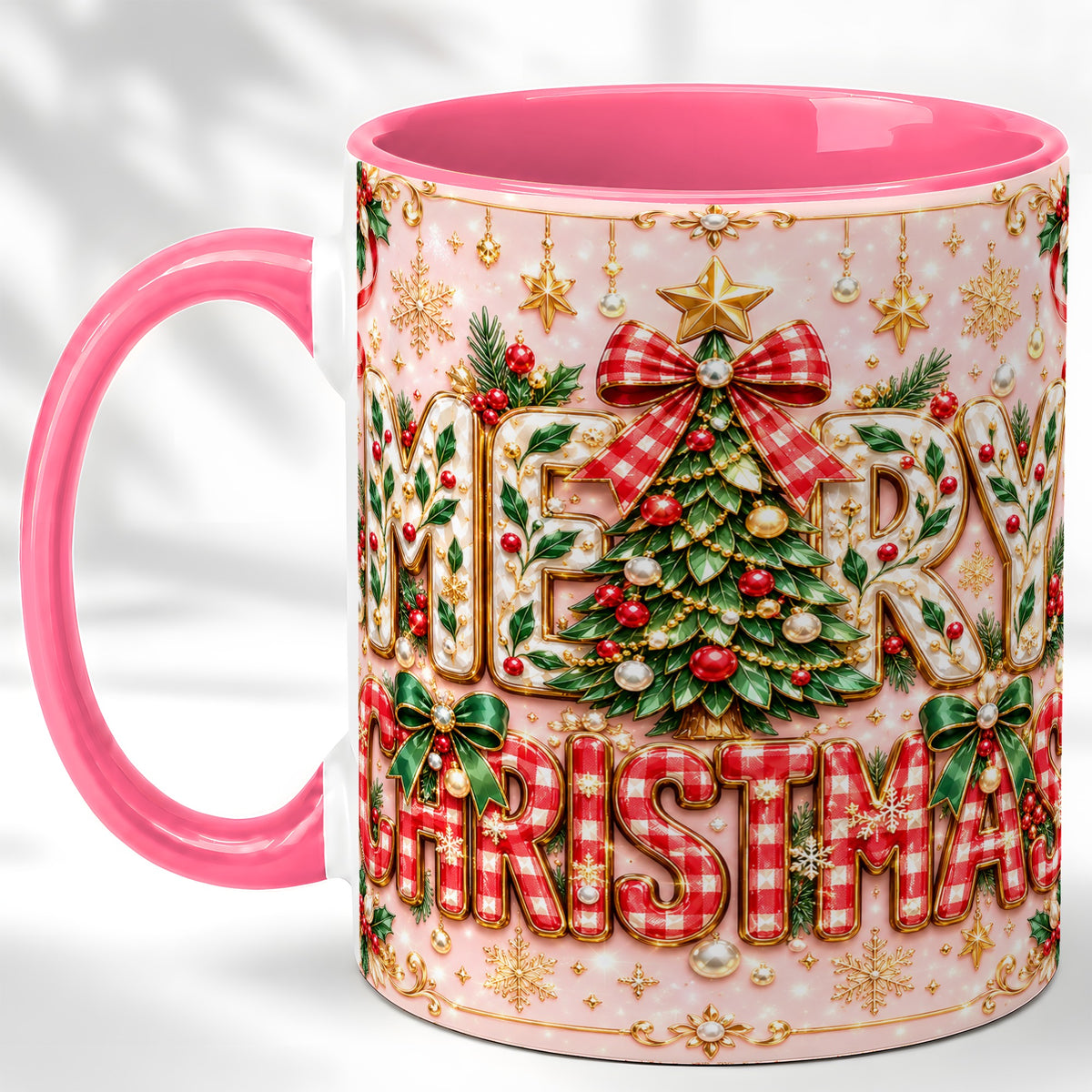 #pl[11oz|Pink] Christmas Bow Coffee Mug, Merry Christmas Mug, Ceramic Cup
