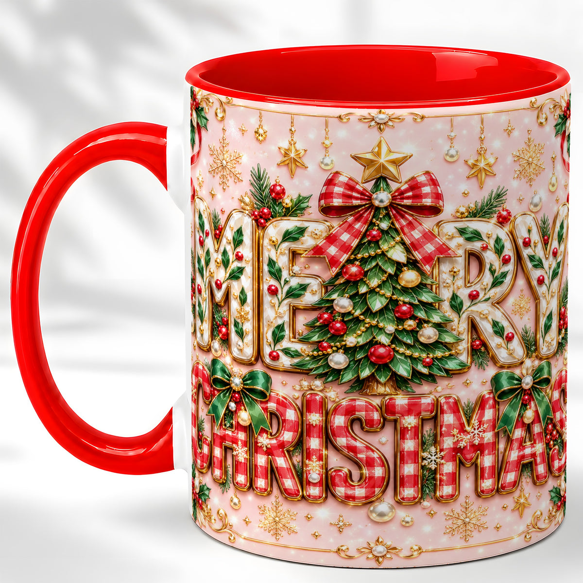 Christmas Bow Coffee Mug, Merry Christmas Mug, Ceramic Cup