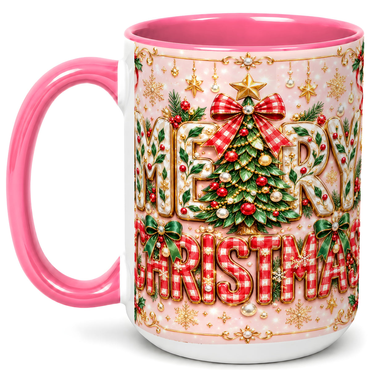 #pl[15oz|Pink] Christmas Bow Coffee Mug, Merry Christmas Mug, Ceramic Cup