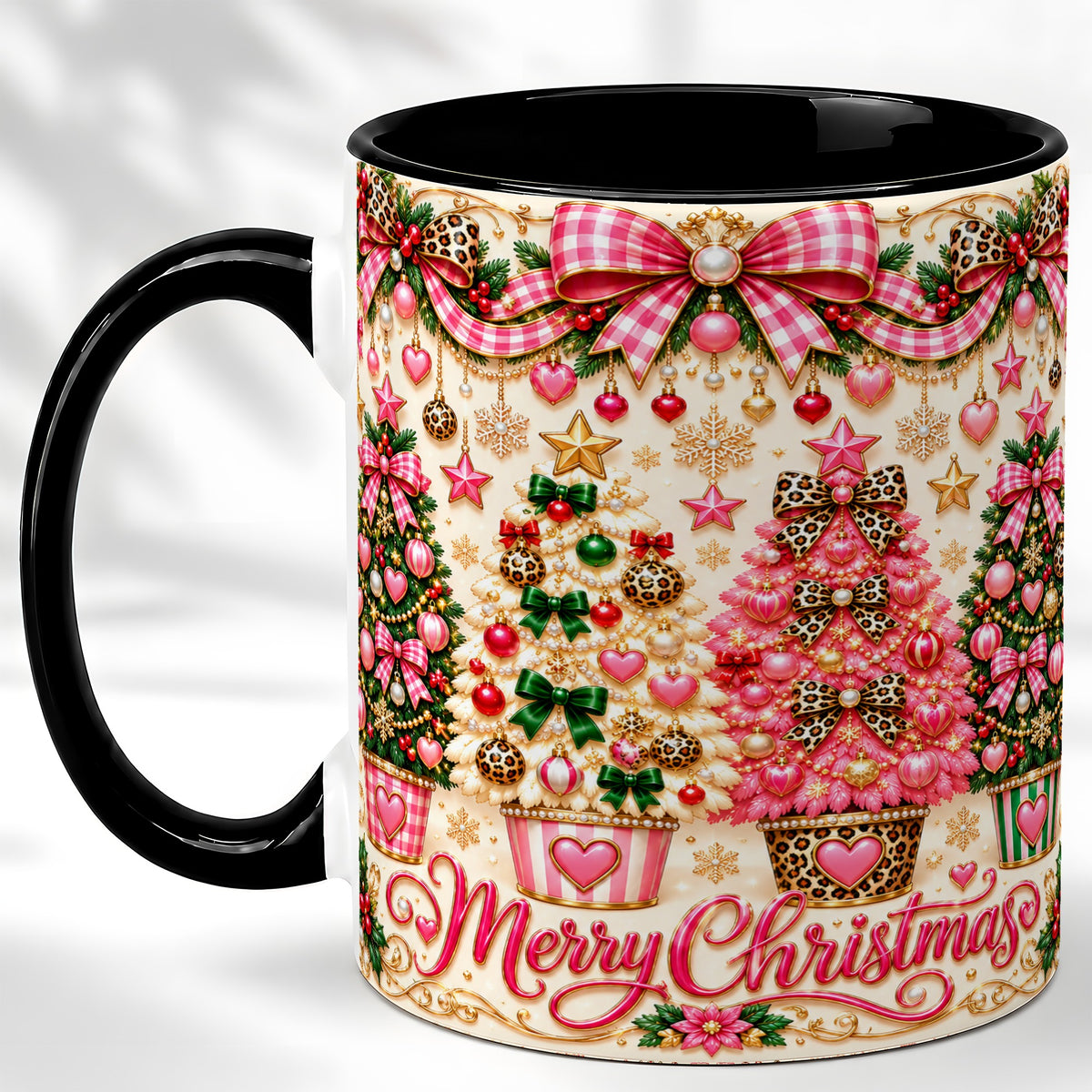#pl[11oz|Black] Pink Christmas Tree Coffee Mug, Festive Decor Mug, Ceramic Cup