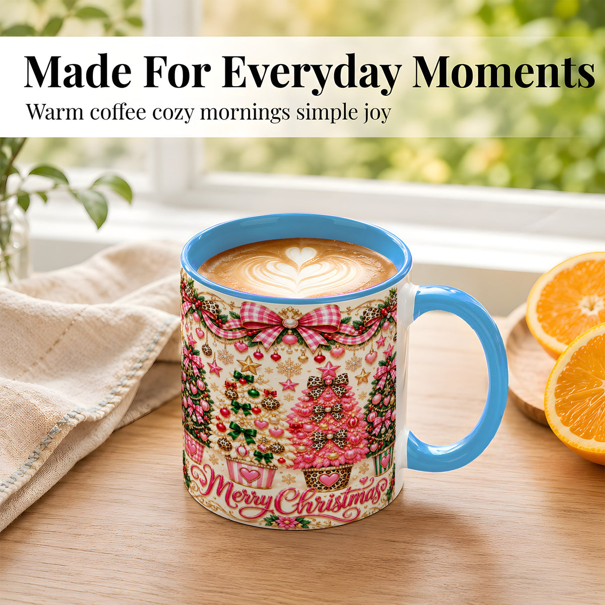#pl[11oz|Blue] Pink Christmas Tree Coffee Mug, Festive Decor Mug, Ceramic Cup