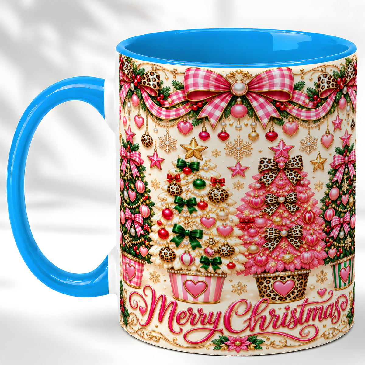 #pl[11oz|Blue] Pink Christmas Tree Coffee Mug, Festive Decor Mug, Ceramic Cup