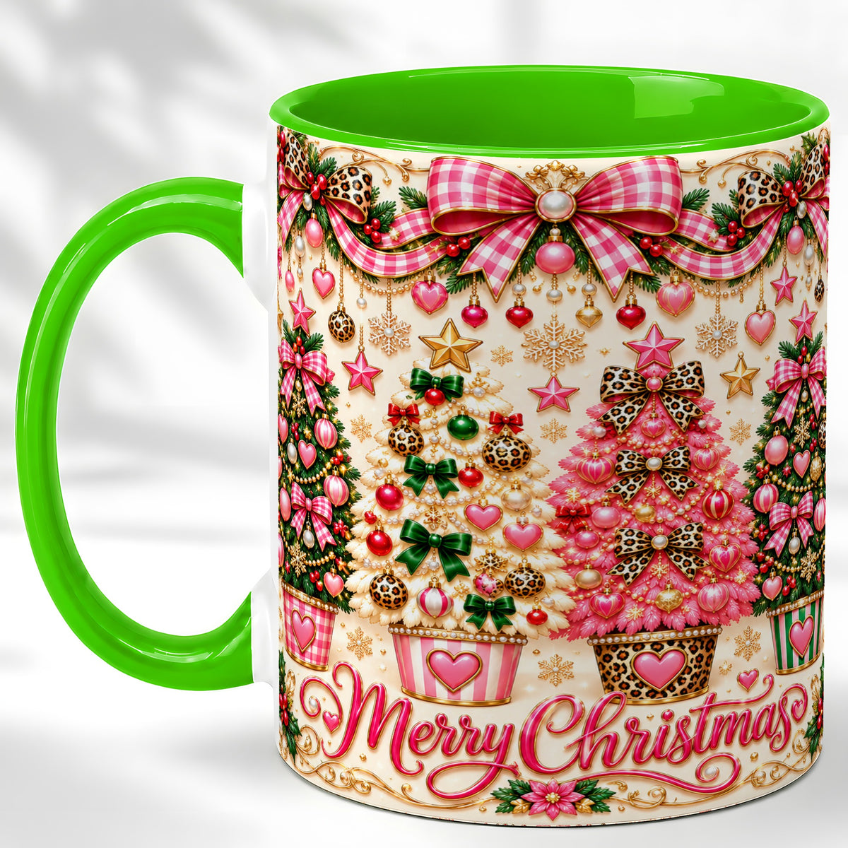 #pl[11oz|Green] Pink Christmas Tree Coffee Mug, Festive Decor Mug, Ceramic Cup