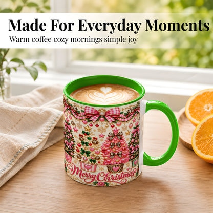 #pl[11oz|Green] Pink Christmas Tree Coffee Mug, Festive Decor Mug, Ceramic Cup