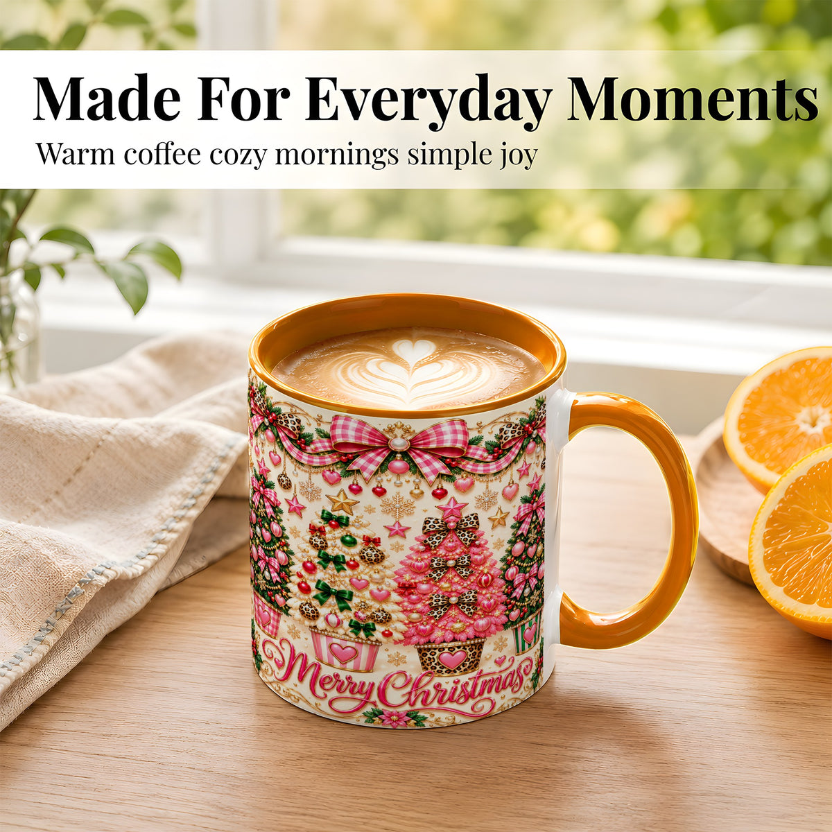 #pl[11oz|Orange] Pink Christmas Tree Coffee Mug, Festive Decor Mug, Ceramic Cup