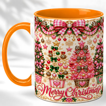 #pl[11oz|Orange] Pink Christmas Tree Coffee Mug, Festive Decor Mug, Ceramic Cup
