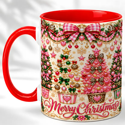 Pink Christmas Tree Coffee Mug, Festive Decor Mug, Ceramic Cup