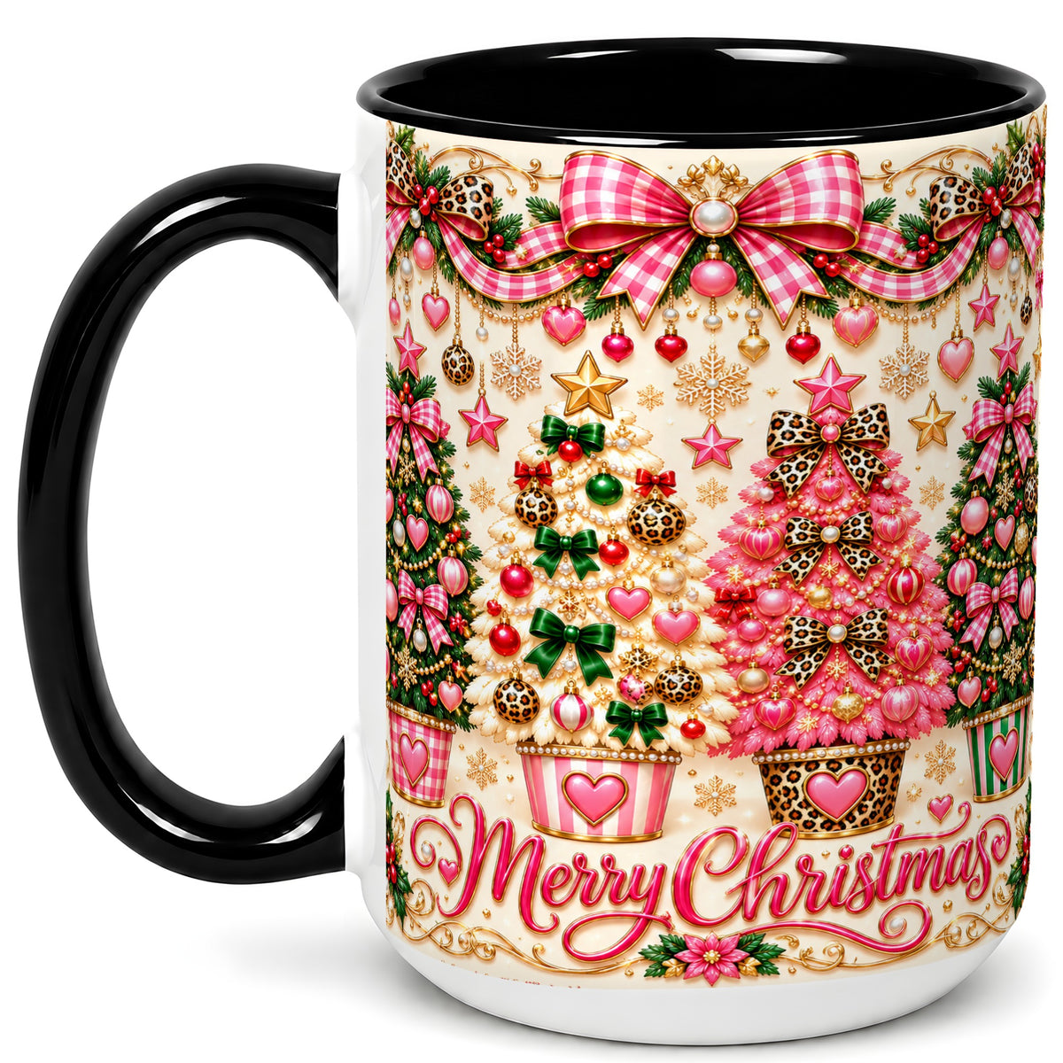 #pl[15oz|Black] Pink Christmas Tree Coffee Mug, Festive Decor Mug, Ceramic Cup