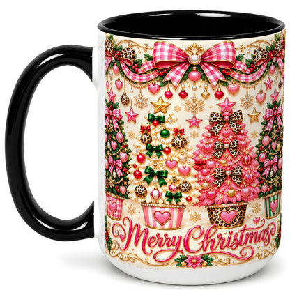 #pl[15oz|Black] Pink Christmas Tree Coffee Mug, Festive Decor Mug, Ceramic Cup