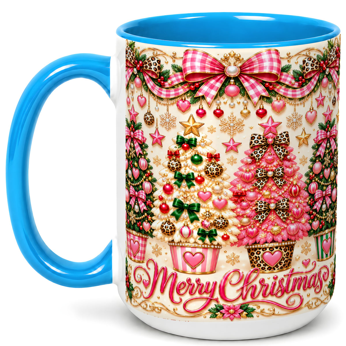 #pl[15oz|Blue] Pink Christmas Tree Coffee Mug, Festive Decor Mug, Ceramic Cup