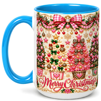 #pl[15oz|Blue] Pink Christmas Tree Coffee Mug, Festive Decor Mug, Ceramic Cup