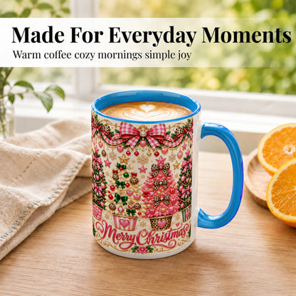 #pl[15oz|Blue] Pink Christmas Tree Coffee Mug, Festive Decor Mug, Ceramic Cup
